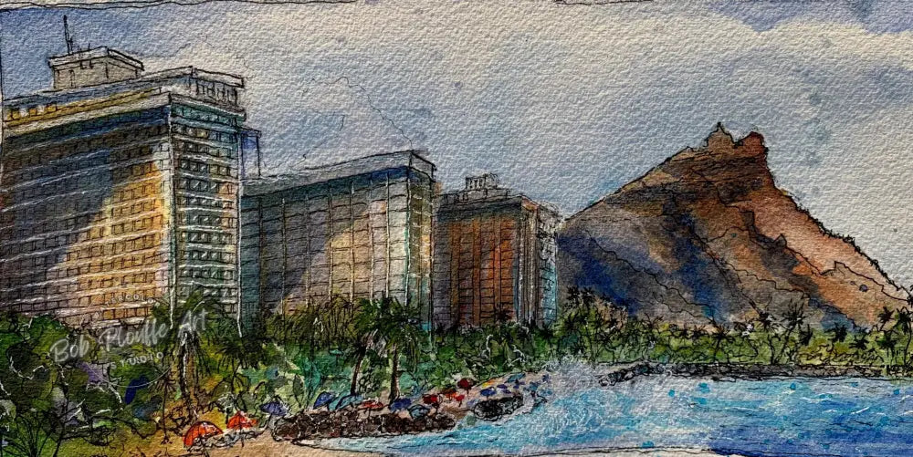 Diamond Head Waikiki — watercolor by Bob Plouffe